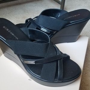 BCBG black strappy wedge shoe